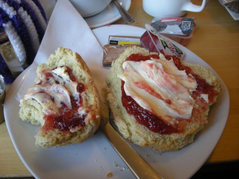 Luke's plain scone with clotted cream and strawberry jam.